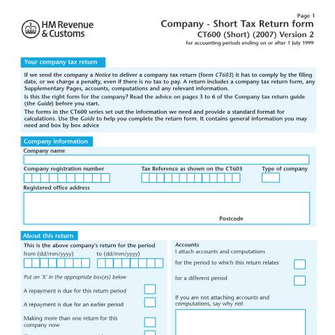 Document preview: Corporation Tax: Short Company Tax Return (CT600 (Short) (2007) Version 2) — HM Revenue & Customs, United Kingdom