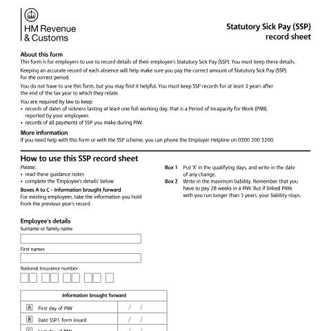 Document preview: Statutory Sick Pay: record sheet (SSP2) — HM Revenue & Customs, United Kingdom