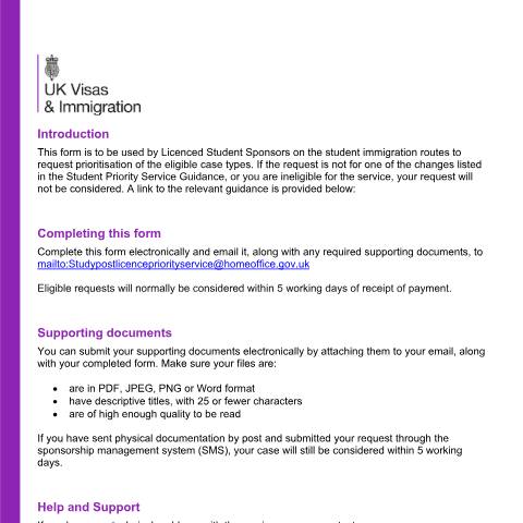 Document preview: Study priority service request form — UK Visas and Immigration, United Kingdom