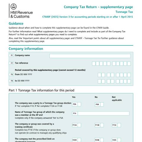 Document preview: Corporation Tax: Tonnage Tax (CT600F) — HM Revenue & Customs, United Kingdom