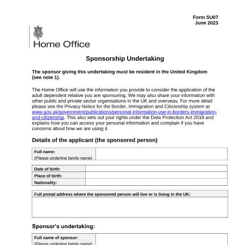 Document preview: Sponsor a visa applicant: form SU07 — UK Visas and Immigration, United Kingdom
