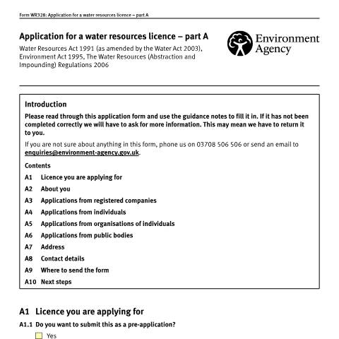 Document preview: Water resources licence application forms — Environment Agency, United Kingdom