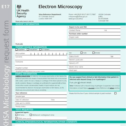 Document preview: Electron microscopy referral form — UK Health Security Agency, United Kingdom