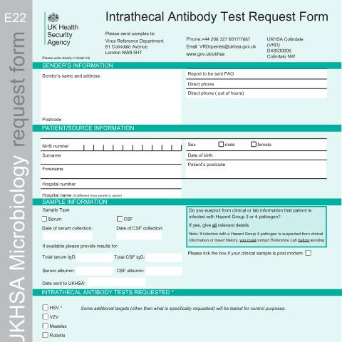 Document preview: Intrathecal antibody test request form — UK Health Security Agency, United Kingdom