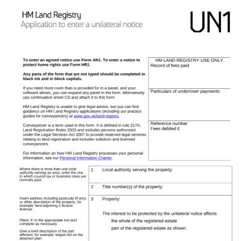 Document preview: Unilateral notice: application to enter (UN1) — HM Land Registry, United Kingdom