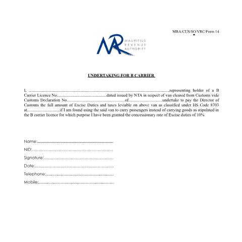 Document preview: Undertaking for B-carrier — Document, Mauritius (CERFA n°Undertaking4Bcarrier)