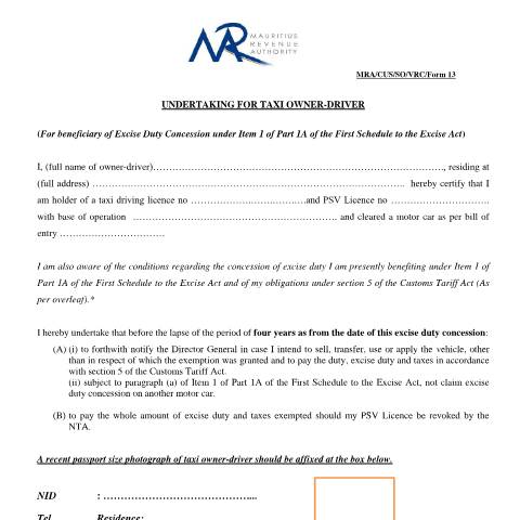 Document preview: Undertaking for taxi owner - driver — Document, Mauritius (CERFA n°Undertaking4TaxiOwnerDriver)