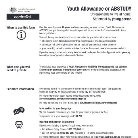 Document preview: Unreasonable to live at home statement by young person — Services Australia — Individuals (by code), Australia (CERFA n°SY015)