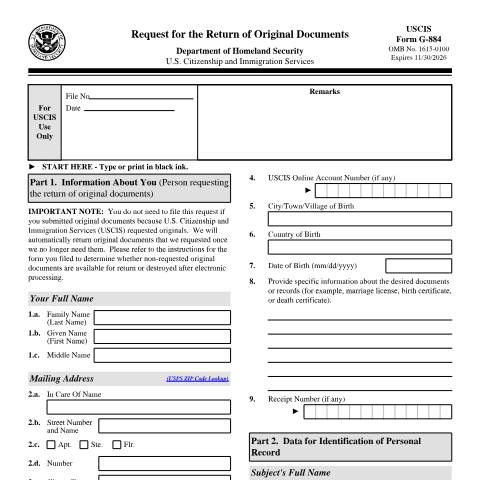 Document preview: USCIS Form G-884 — USCIS, United States (CERFA n°G-884)