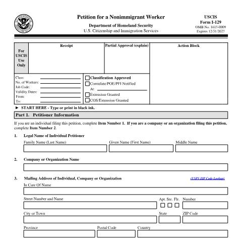 Document preview: USCIS Form I-129 — USCIS, United States (CERFA n°I-129)