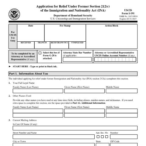 Document preview: USCIS Form I-191 — USCIS, United States (CERFA n°I-191)