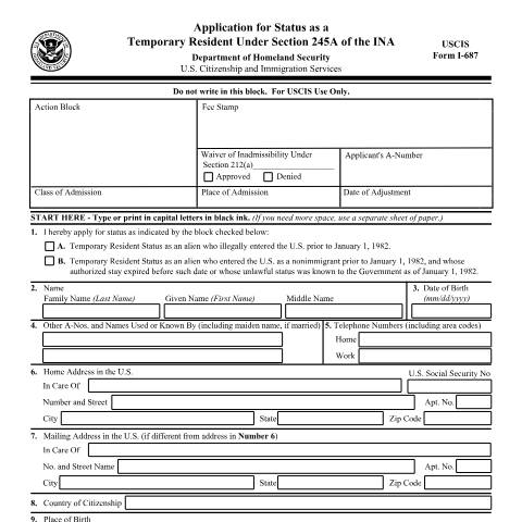 Document preview: USCIS Form I-687 — USCIS, United States (CERFA n°I-687)