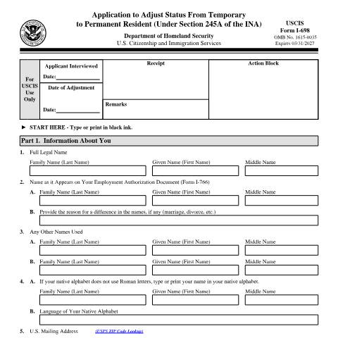 Document preview: USCIS Form I-698 — USCIS, United States (CERFA n°I-698)