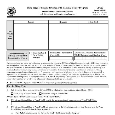 Document preview: USCIS Form I-956H — USCIS, United States (CERFA n°I-956H)