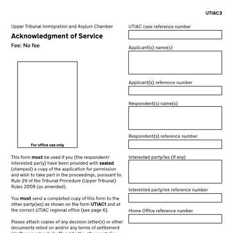 Document preview: Acknowledge service of an application for a judicial review in an immigration or asylum case: Form UTIAC3 — HM Courts & Tribunals Service, United Kingdom