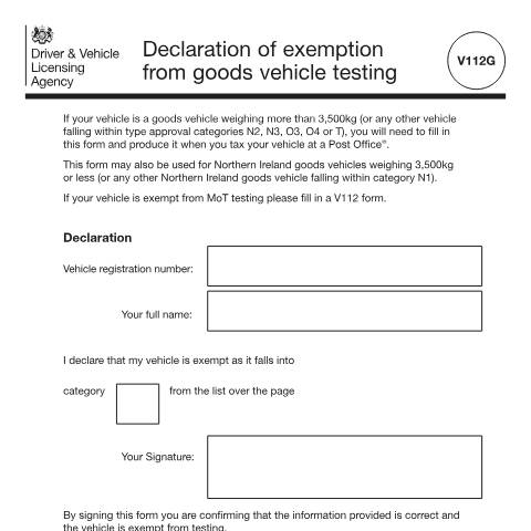 Document preview: Exemption from heavy goods vehicle (HGV) annual testing (form V112G) — Driver and Vehicle Licensing Agency, United Kingdom