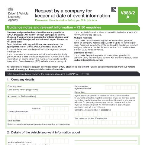 Document preview: Request by a company for keeper at date of event information (form V888/2A) — Driver and Vehicle Licensing Agency, United Kingdom
