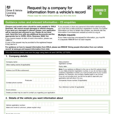 Document preview: Request by a company for information from a vehicle’s record (form V888/2B) — Driver and Vehicle Licensing Agency, United Kingdom