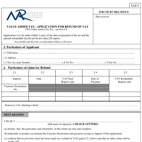 Document preview: VAT 7 / Notes — Document, Mauritius (CERFA n°FormVAT7)