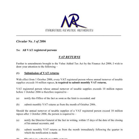 Document preview: VAT Returns — Form, Mauritius (CERFA n°vatcir3)