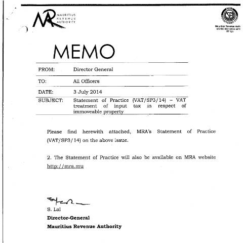 Document preview: VAT/SP 3/14 — Document, Mauritius (CERFA n°Clawback)