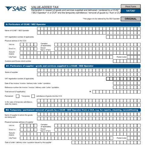 Document preview: VAT267 – Declaration in respect of supply of goods or services to or from a CCA or an SEZ – External Form — PDF Forms, South Africa (CERFA n°VAT267)