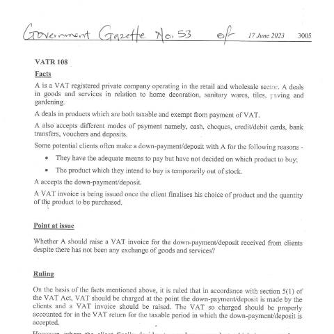 Document preview: VATR 108 — Document, Mauritius (CERFA n°VATR108)