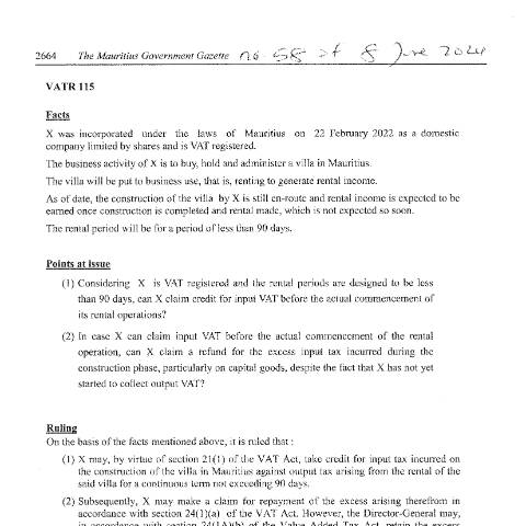 Document preview: VATR 115 — Document, Mauritius (CERFA n°VATR115)