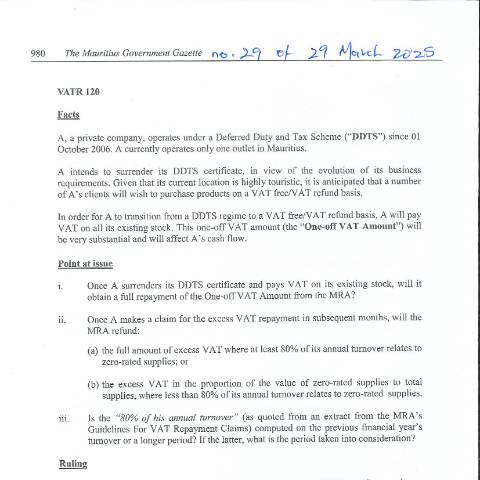 Document preview: VATR 120 — Document, Mauritius (CERFA n°VATR120)