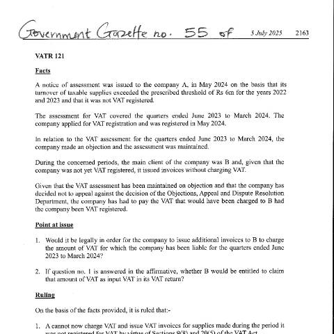 Document preview: VATR 121 — Document, Mauritius (CERFA n°VATR121)