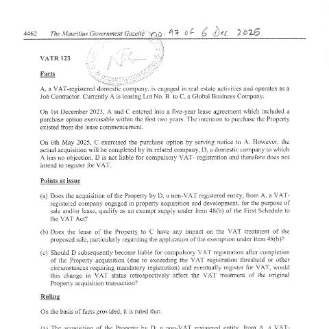 Document preview: VATR 123 — Document, Mauritius (CERFA n°VATR123)
