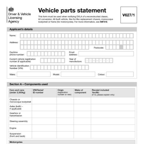 Document preview: Vehicle parts statement (V627/1) — Driver and Vehicle Licensing Agency, United Kingdom
