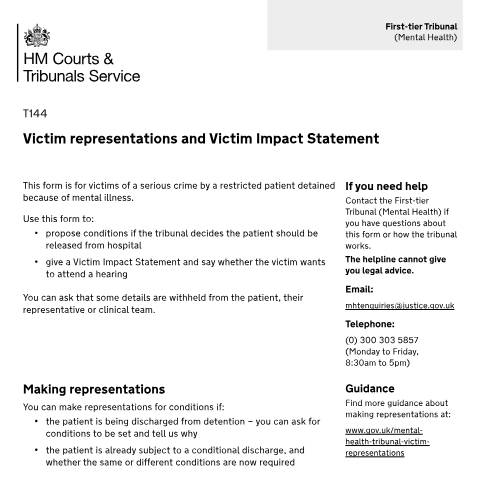 Document preview: Victim representations and impact statement to the tribunal: Form T144 — HM Courts & Tribunals Service, United Kingdom