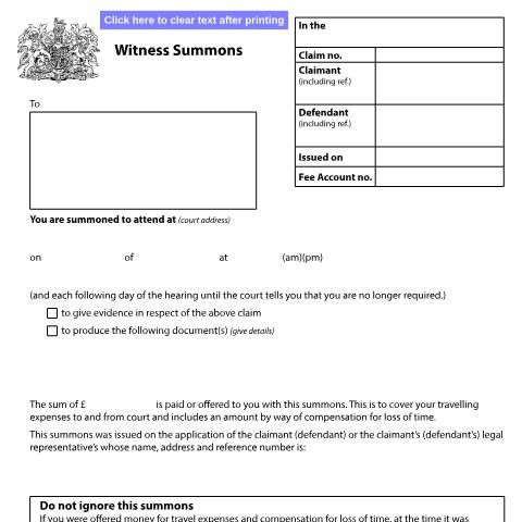 Document preview: Witness summons: Form N20 — HM Courts & Tribunals Service, United Kingdom