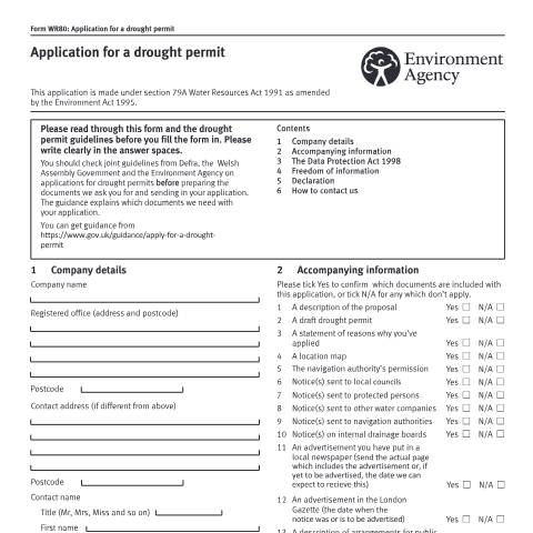 Document preview: Form WR80: application for a drought permit — Environment Agency, United Kingdom