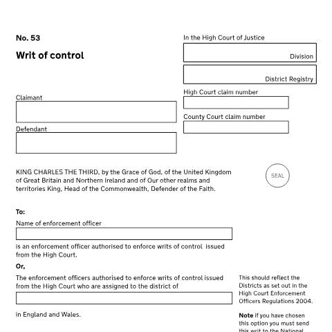 Document preview: Writ of control: Form No.53 — HM Courts & Tribunals Service, United Kingdom