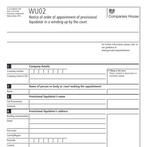 Document preview: Give notice of order of appointment of provisional liquidator (WU02) — Companies House, United Kingdom