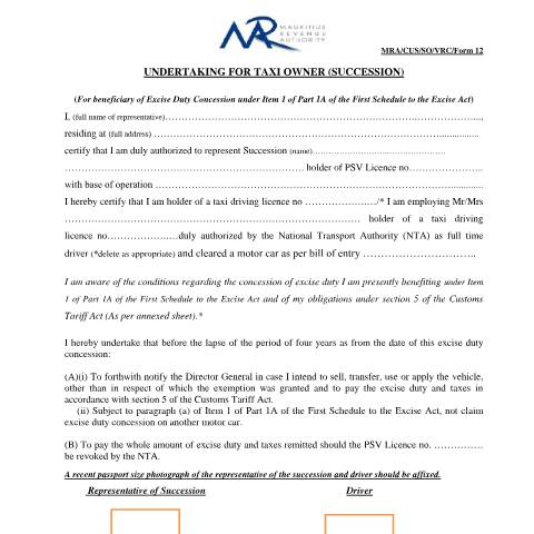 Document preview: Undertaking for taxi owner (succession) — Document, Mauritius (CERFA n°Undertaking4TaxiOwnerSuccession)