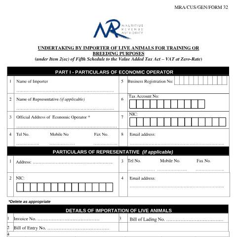 Document preview: Undertaking by importer of live animals for training or breeding purposes — Document, Mauritius (CERFA n°MRACusGenForm32)
