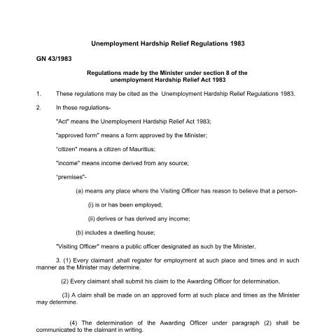 Document preview: Unemployment Hardship Relief Regulations 1983 — Regulation / Order, Mauritius (CERFA n°Unemployment-Hardship-Relief-Regulations-1983)