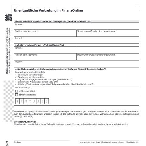 Dokumentvorschau: FON-UV1 — Unentgeltliche Vertretung in FinanzOnline — Steuern, Österreich (CERFA n°FON-UV1)