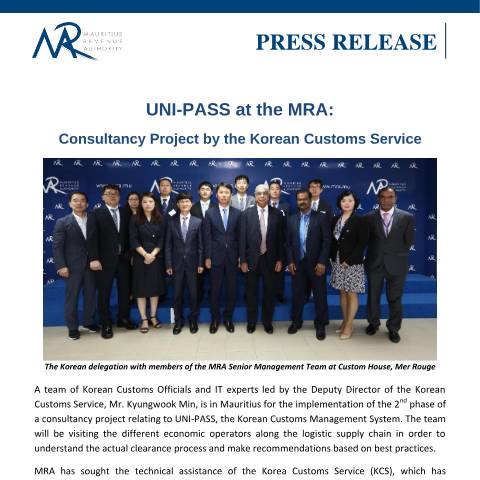 Document preview: UNI-PASS at the MRA :&nbsp;Consultancy Project by the Korean Customs Service — Document, Mauritius (CERFA n°KoreanCustomsService)