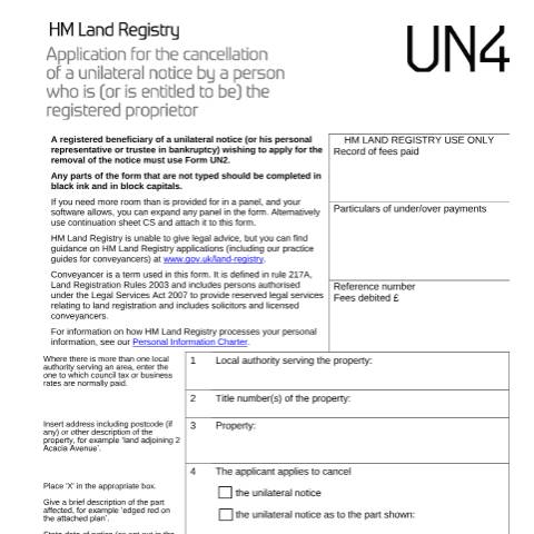 Document preview: Unilateral notice: cancellation (UN4) — HM Land Registry, United Kingdom