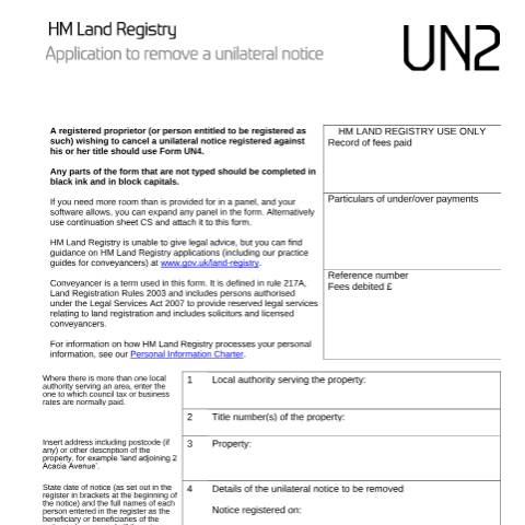 Document preview: Unilateral notice: application to remove (UN2) — HM Land Registry, United Kingdom
