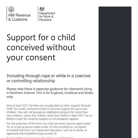 Document preview: Universal Credit support for a child conceived without your consent — Department for Work and Pensions, HM Revenue & Customs, United Kingdom