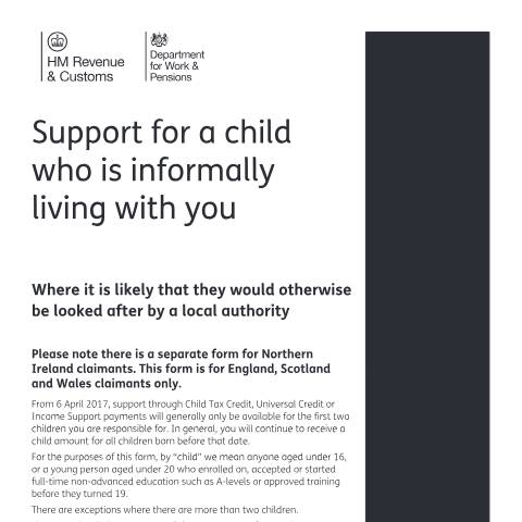 Document preview: Universal Credit support for a child who is informally living with you — Department for Work and Pensions, HM Revenue & Customs, United Kingdom