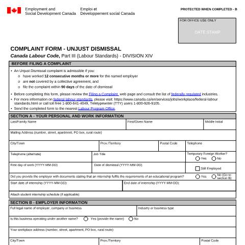 Document preview: Complaint Form - Unjust Dismissal — Labour, Canada (CERFA n°LAB1190)