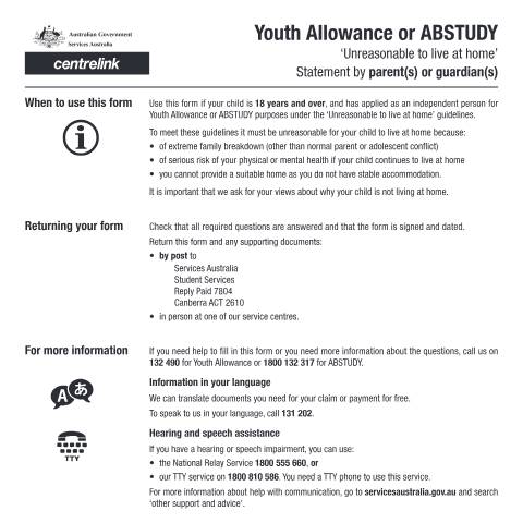 Document preview: Unreasonable to live at home statement by parents or guardians — Services Australia — Individuals (by code), Australia (CERFA n°SY016)