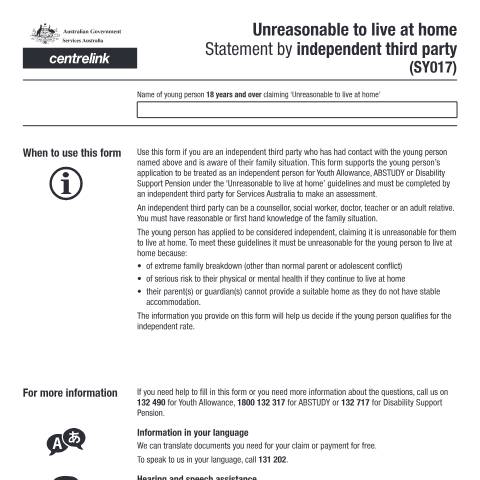 Document preview: Unreasonable to live at home statement by independent third party — Services Australia — Individuals (by code), Australia (CERFA n°SY017)