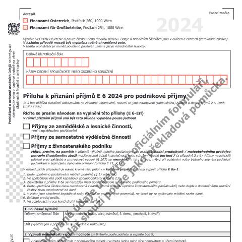 Dokumentvorschau: E6a-CZ — Příloha k přiznání příjmů E 6 2024 pro podnikové příjmy — Steuern, Österreich (CERFA n°E6a-CZ)